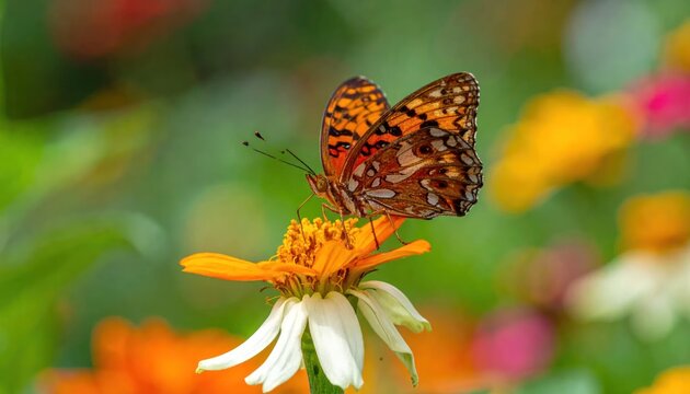Orange butterfly perched on a vibrant flower in summer garden