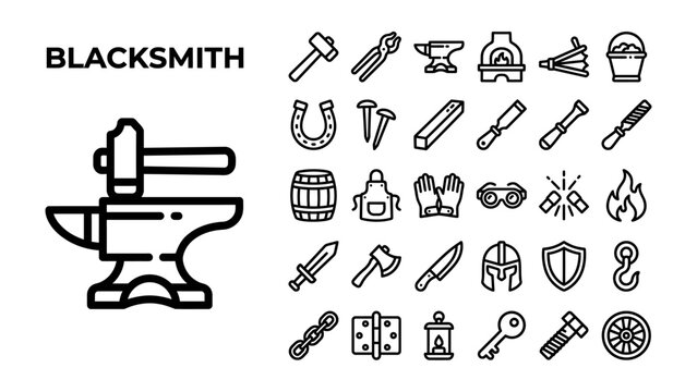 Blacksmith Icons Set: A comprehensive collection of line art icons representing the craft of blacksmithing, featuring tools, equipment, and symbols associated with metalworking.