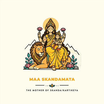 Maa Skandamata Goddess Sitting on Lion Holding Baby Kartikeya and Lotus, Navratri Day 5 Vector Illustration