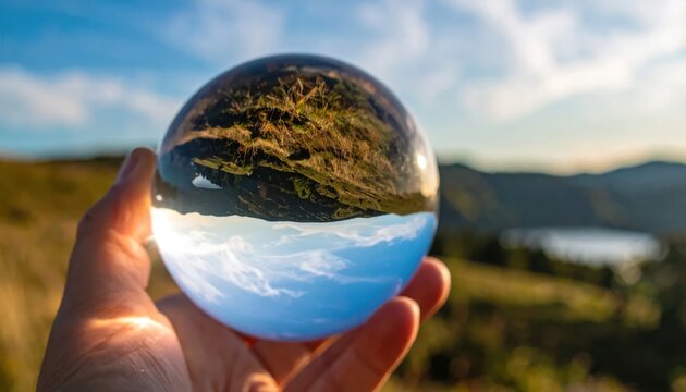 Hand holding glass ball reflecting mountain landscape at sunset