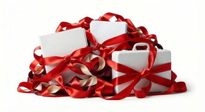 Red tape bureaucratic bottleneck concept showing wrapped boxes tangled in red ribbons and bows