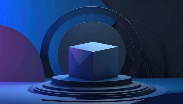 Blue 3D geometric cube on podium with circular background