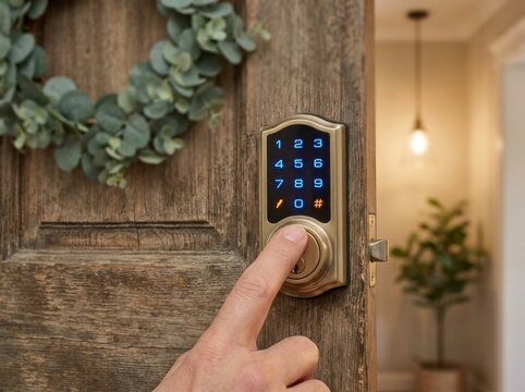 A middle-aged person presses a digit on a backlit electronic keypad lock on a rustic wooden front door during a bright day