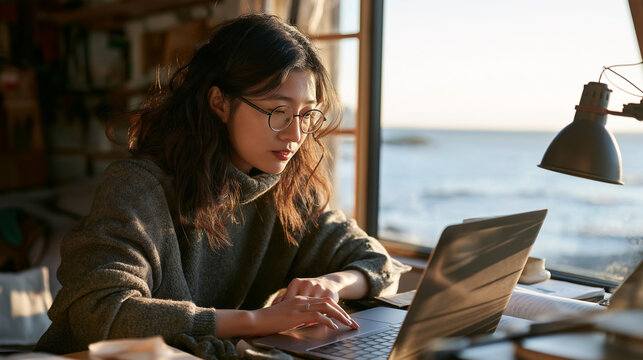 Remote professional working on a laptop beside a seaside window, reviewing papers in a cozy room with soft sunset light and ocean views