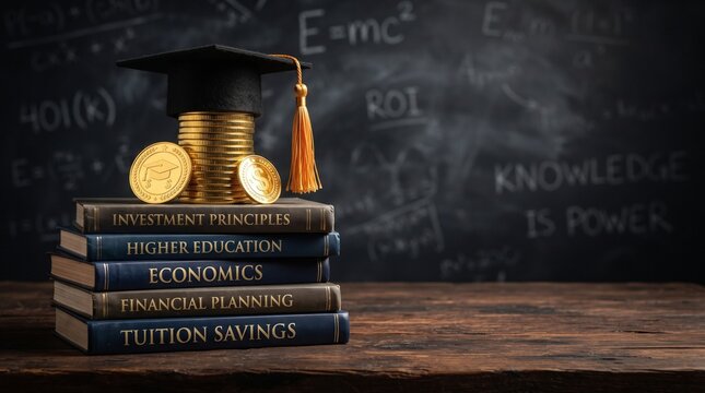 Graduation Cap on Gold Coins Stacked on Books for Education Savings Concept
