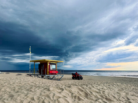 Storm clouds over lifeguard station on Jurmala beach