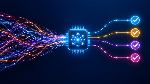 Microchip with neural network filtering complex data streams into four verified pathways with glowing checkmarks on dark blue background