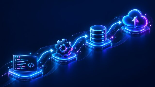 Isometric data engineering and cloud migration workflow showing code development, automated processing, database storage, and cloud upload