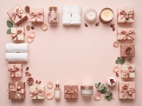 Christmas gift boxes and spa items frame with copy space