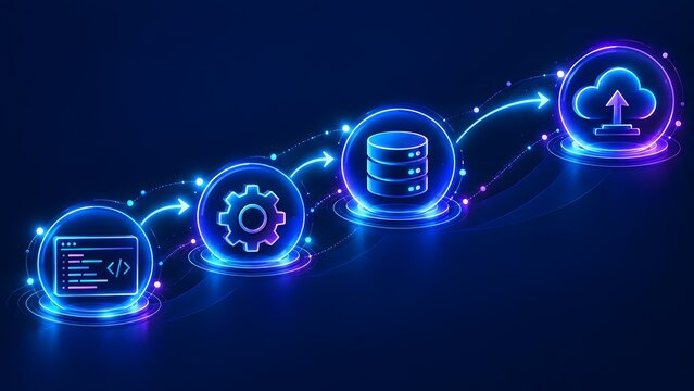 Software development lifecycle and DevOps pipeline from coding and automation to database management and cloud deployment inside glowing orbs