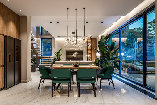 3D render of a luxury open-concept interior featuring a modern living room, dining area, floating staircase, marble accents, and panoramic windows with a pool view