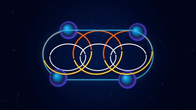 Rotating Circular Neon Rings and Floating Glowing Spheres Digital Motion Graphic Background Animatio