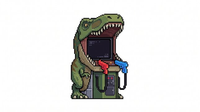 8-bit pixel art of an arcade shooting cabinet shaped like an open mechanical T-Rex mouth isolated on white.