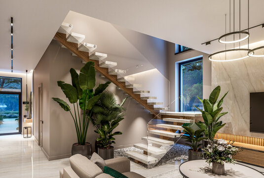 3D render of a luxury open-concept interior featuring a modern living room, dining area, floating staircase, marble accents, and panoramic windows with a pool view