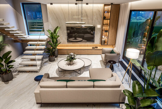 3D render of a luxury open-concept interior featuring a modern living room, dining area, floating staircase, marble accents, and panoramic windows with a pool view