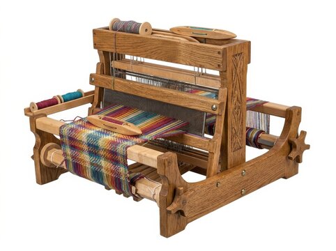 Traditional wooden hand loom with colorful woven textile fabric and shuttles isolated on a white background