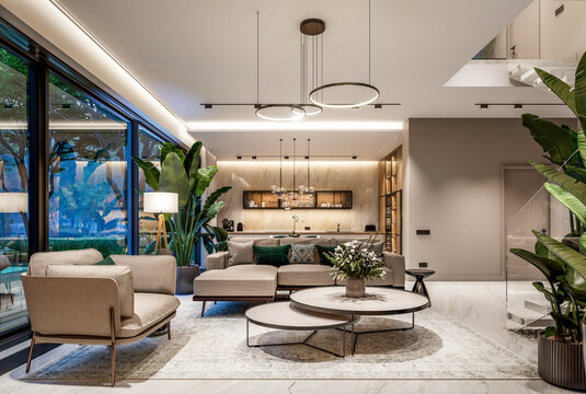 3D render of a luxury open-concept interior featuring a modern living room, dining area, floating staircase, marble accents, and panoramic windows with a pool view