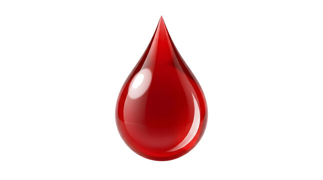 Single large 3D rendered liquid drop resembling blood or red fluid, glossy and reflective surface with highlights, isolated on a clean solid white background for minimalist clinical design usage
