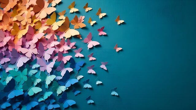 Colorful paper butterflies swarming across a vibrant turquoise background creating an artistic gradient of hues during a studio product shoot