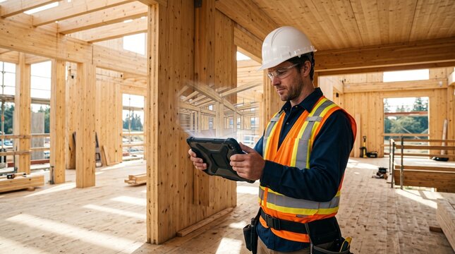 Site Manager Using Tablet with 3D BIM Model of Timber Building