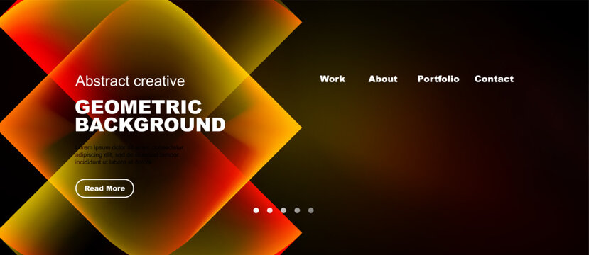 Abstract geometric background design. Vibrant colors, text overlay, navigation menu present. Modern aesthetic, dark backdrop dominates image.
