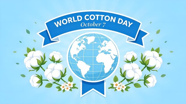 World cotton day vector illustration featuring planet earth globe and fluffy cotton plant branches with blue banner celebrating international event in flat graphic design style
