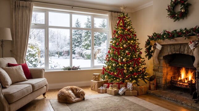 Cozy Christmas living room with a decorated tree with red velvet bows, sleeping golden retriever, stone fireplace, wrapped gifts and a snowy garden window view