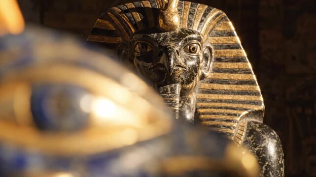 Ancient Egyptian lapis lazuli falcon head artifact with burning candle flame, rack focus to black pharaoh sculpture with golden headdress in dark sacred tomb, macro close up