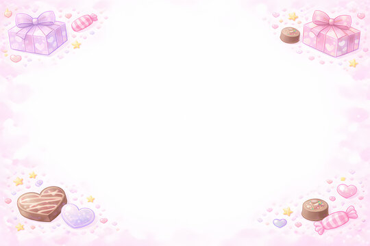 Minimal watercolor Valentine frame with small gifts, heart chocolates and candy in four corners. Generated by AI.