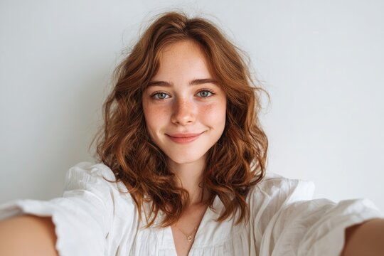 Natural Beauty: A young woman with striking green eyes and wavy auburn hair smiles gently, her freckled face illuminated by soft light. Her candid expression radiates warmth and approachability.