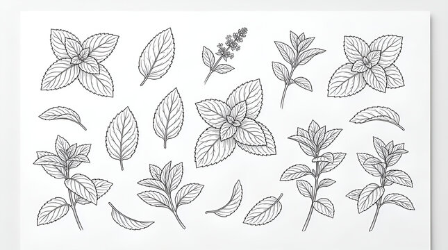 Minimalist Line Art Drawing of Fresh Mint and Peppermint Leaves and Stems