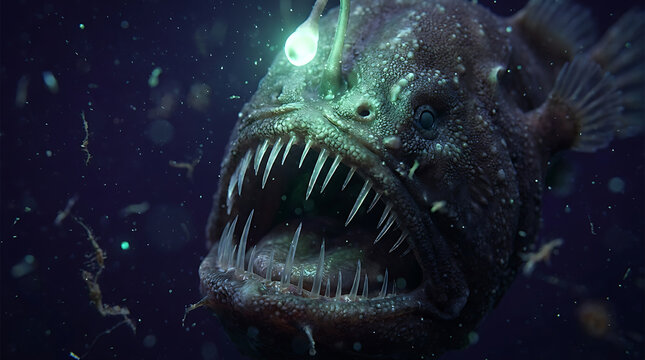 Deep Sea Anglerfish Glowing Lure and Sharp Teeth in the Dark Underwater Abyss of the Ocean
