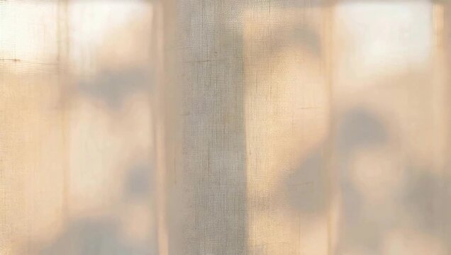 Abstract soft shadows on warm ivory translucent curtain fabric moving gently in morning sun