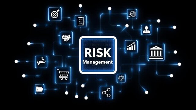 Futuristic AI risk management ecosystem connecting business intelligence, governance processes and operational analytics across a glowing digital network 4k motion graphic animation.