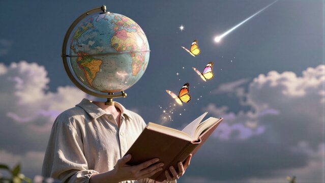 Globe-headed reader holds book, butterflies flutter through starry sky.