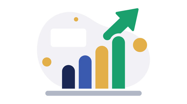 Bar chart with green upward arrow shows growth. Colors include navy, blue, gold, and green. Minimalist design stands out against white background. Ideal for business, finance