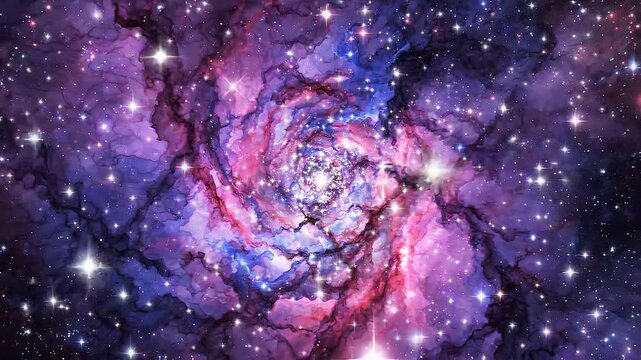 Cosmic spiral nebula background: rotating purple and pink galaxy with glowing star clusters