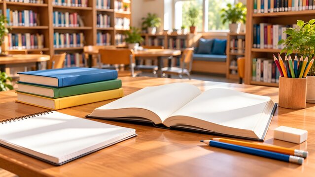 Children's library reading table with open blank books, notebooks, pencils and learning supplies in a quiet study environment.