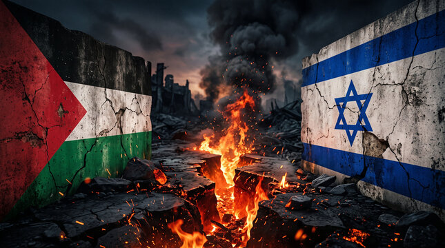 Palestinian and Israeli flags divided by burning cracked surface, Israel Palestine conflict, Middle East crisis, geopolitical tension, war concept