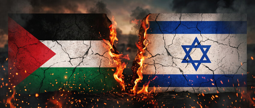 Israel and Palestine flags separated by flames and broken ground, Middle East conflict, political confrontation, regional crisis, symbolic illustration