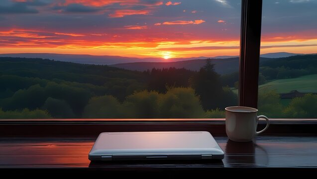 夕焼け望む窓辺のPCとマグカップ