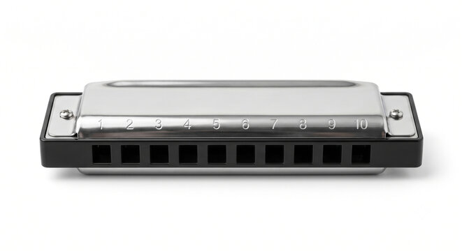 silver metal blues harmonica on white background, classic diatonic mouth organ cutout, traditional acoustic music instrument photography, portable folk wind instrument element, shiny chrome musical ha