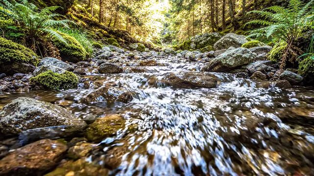 Crystal clear mountain stream flowing through mossy forest rocks in sunlight forest creek