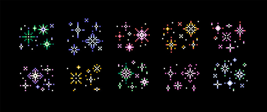 Sparkles and stars pixel art. Pixel icons of stars and sparkles for 8 bit games. Shine light and sparks 8bit emojis. Y2K elements with 8 bit effect. Magic glitter, fireworks and twinkles in space