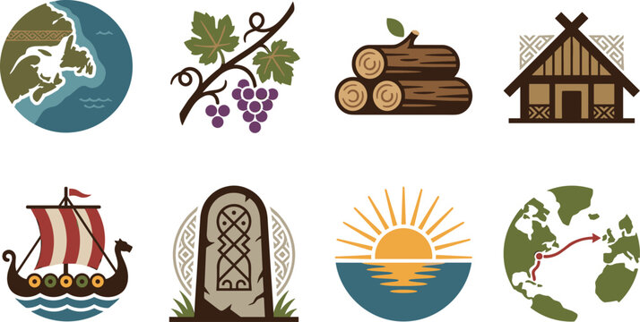 Viking and Nordic Heritage Vector Icon Collection with Longship, Rune Stone, Grapevine and Scandinavian Symbols
