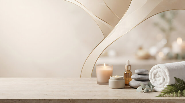 Minimalist spa background with copy space, soothing wellness products on stone table, warm beige massage concept background