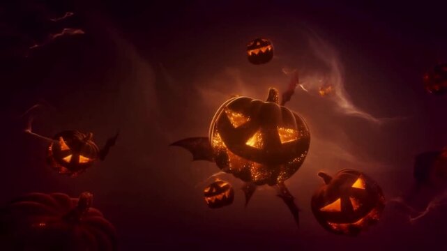 Abstract Halloween Motion Background Glowing Pumpkin Bats Seamless Loop 4K