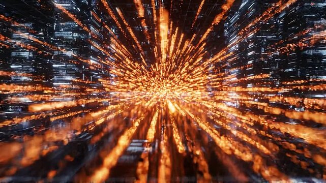 Cyberpunk digital tunnel with glowing orange light streaks and high-speed data motion