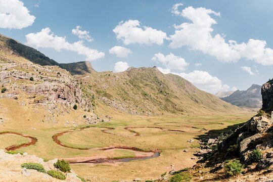 Meandering river through Aguas Tuertas valley in Aragon, Spain