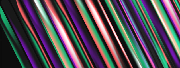 Obraz premium Abstract colorful lines create dynamic visual effect. Gradient shades blend, forming sleek modern design. Striking contrast against black background.